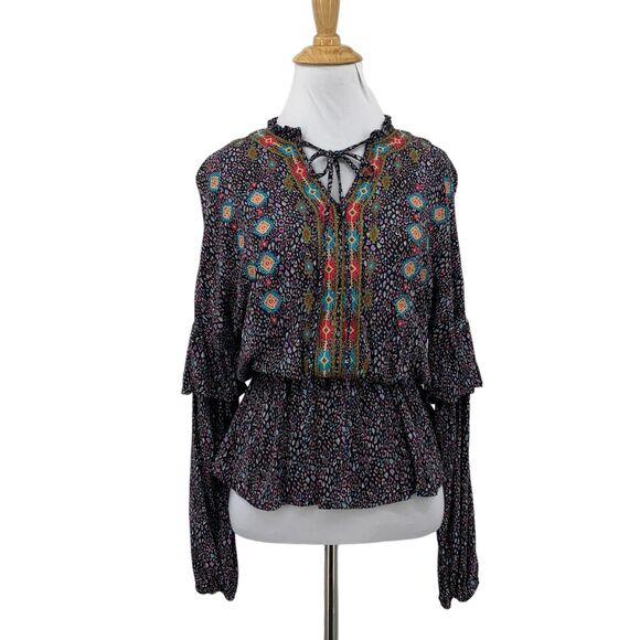 Savanna Jane Boho Top Women S Small Bell Sleeve Peplum Tiered Floral Keyhole Tie - Picture 1 of 11